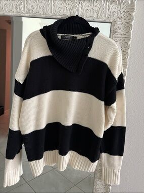 Lauren Ralph Lauren Black and Cream Wide Stripe Chunky Knit Cotton  Sweater